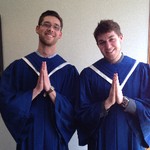 Trombone students Elliot and Tom in choir robes before Student Recital Hour performance.